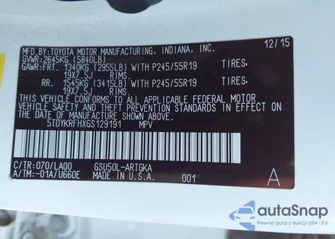 2016 Toyota Highlander Limited V6 z USA, uszkodzony, nr VIN 5TDYKRFHXGS129191